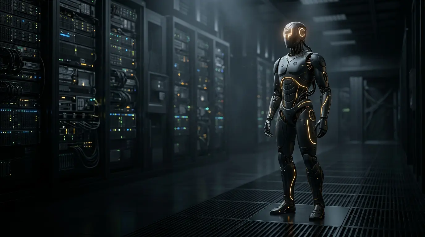 A black-and-gold humanoid robot standing in a dark server room